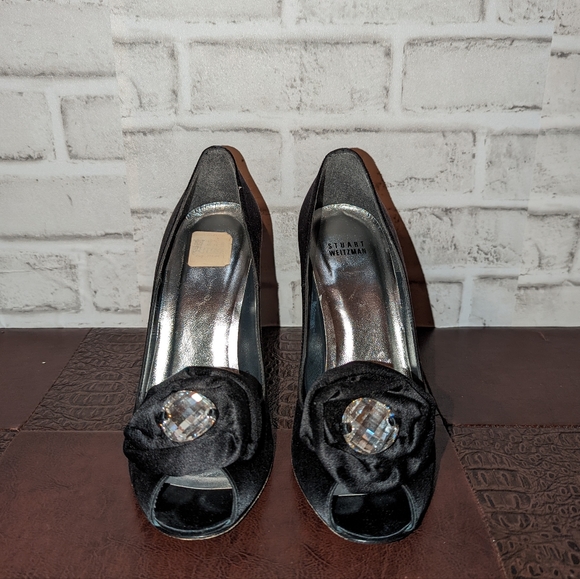 Stuart Weitzman Black Satin & Swarovski Chrome-Heeled Peep-Toe Pumps Sz 9 - Picture 3 of 15